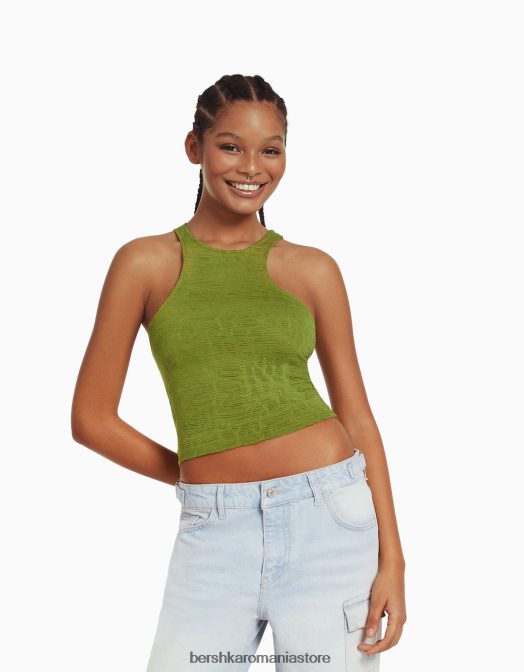 Bershka femei tricou fără mâneci texturat kaki Z86D375 îmbrăcăminte
