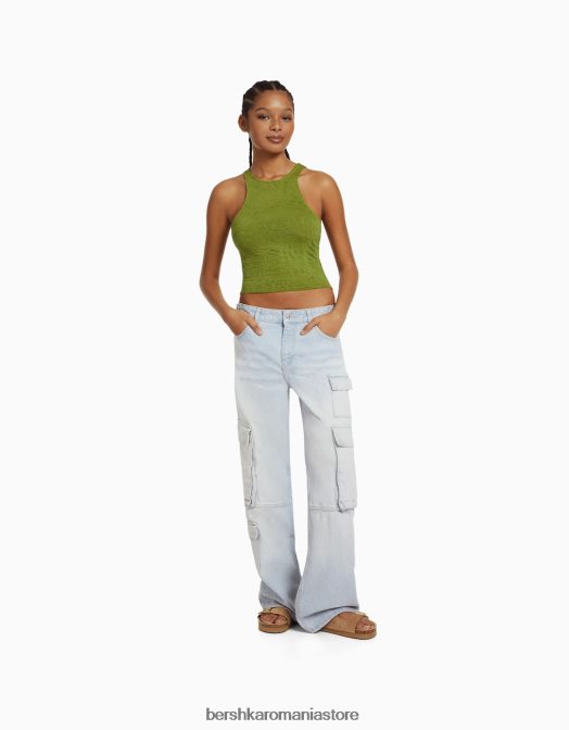 Bershka femei tricou fără mâneci texturat kaki Z86D375 îmbrăcăminte