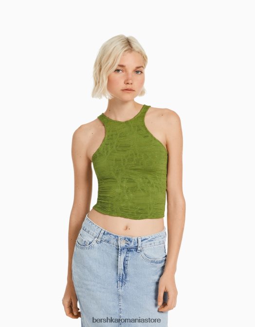 Bershka femei tricou fără mâneci texturat kaki Z86D377 îmbrăcăminte