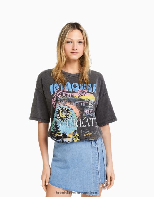 Bershka femei tricou imprimat cu maneca scurta cu efect decolorat gri Z86D464 îmbrăcăminte