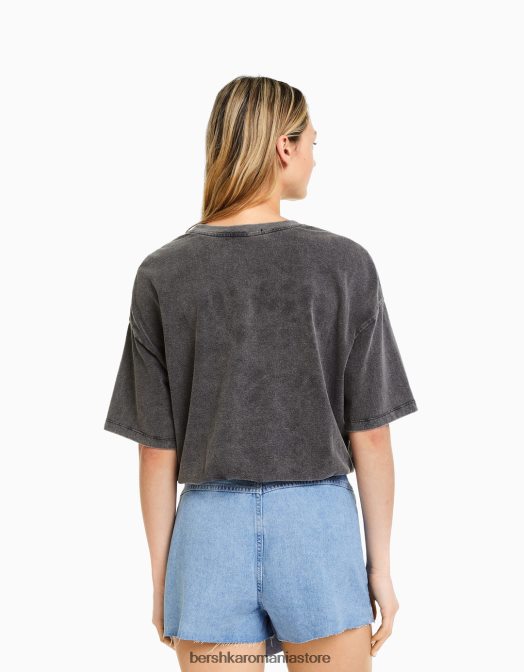 Bershka femei tricou imprimat cu maneca scurta cu efect decolorat gri Z86D464 îmbrăcăminte