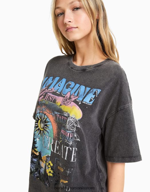 Bershka femei tricou imprimat cu maneca scurta cu efect decolorat gri Z86D464 îmbrăcăminte