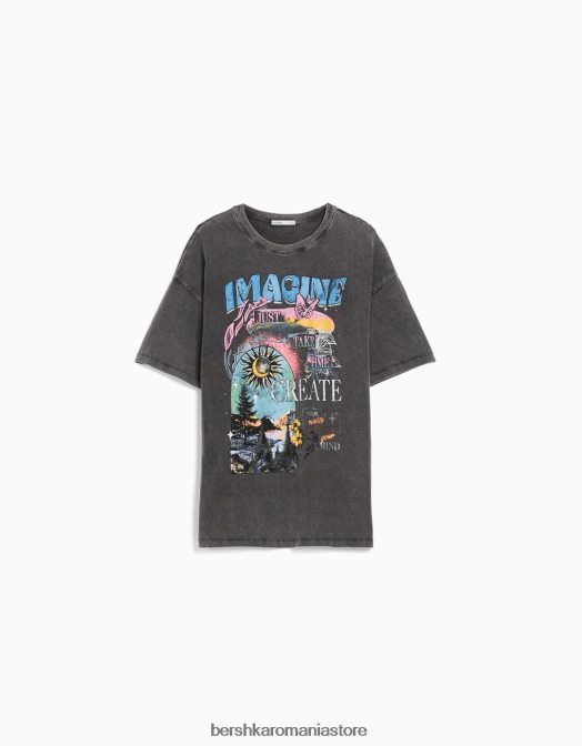 Bershka femei tricou imprimat cu maneca scurta cu efect decolorat gri Z86D464 îmbrăcăminte