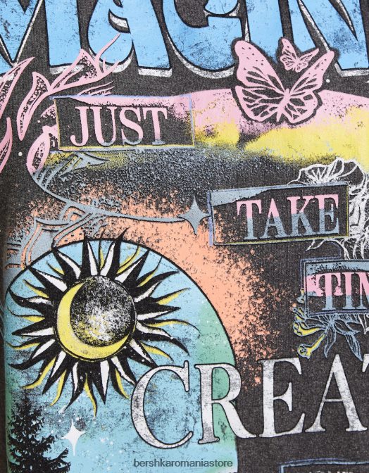 Bershka femei tricou imprimat cu maneca scurta cu efect decolorat gri Z86D464 îmbrăcăminte