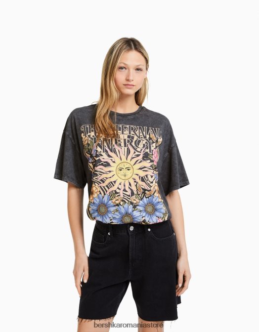 Bershka femei tricou imprimat cu maneca scurta cu efect decolorat gri Z86D465 îmbrăcăminte