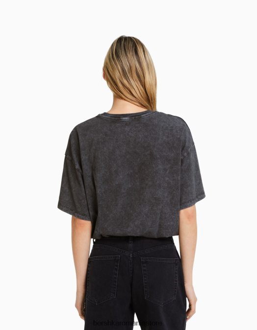 Bershka femei tricou imprimat cu maneca scurta cu efect decolorat gri Z86D465 îmbrăcăminte