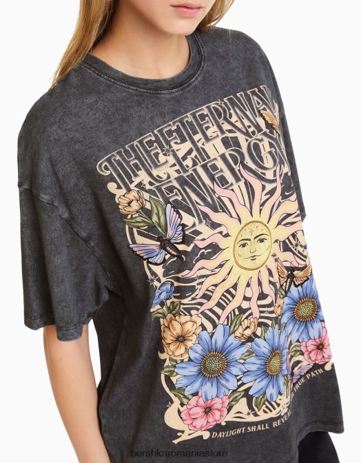 Bershka femei tricou imprimat cu maneca scurta cu efect decolorat gri Z86D465 îmbrăcăminte