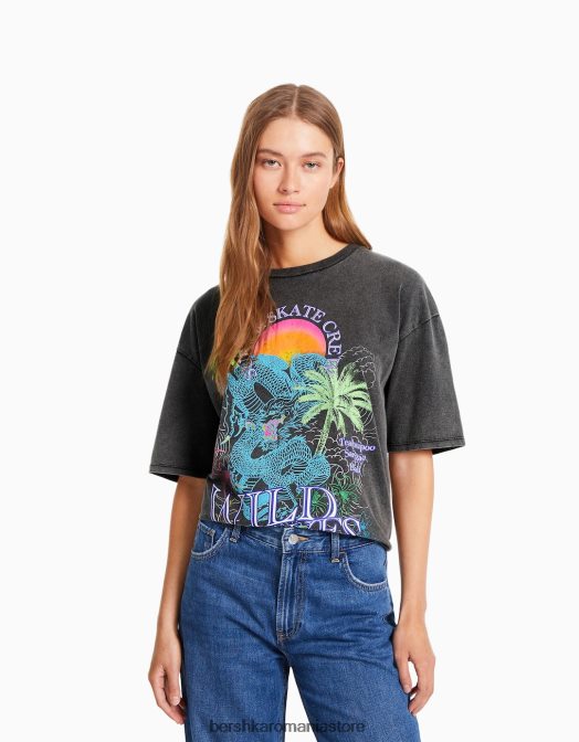 Bershka femei tricou imprimat cu maneca scurta cu efect decolorat gri Z86D467 îmbrăcăminte