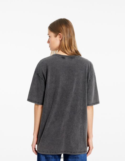 Bershka femei tricou imprimat cu maneca scurta cu efect decolorat gri Z86D467 îmbrăcăminte
