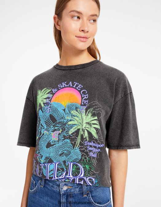 Bershka femei tricou imprimat cu maneca scurta cu efect decolorat gri Z86D467 îmbrăcăminte