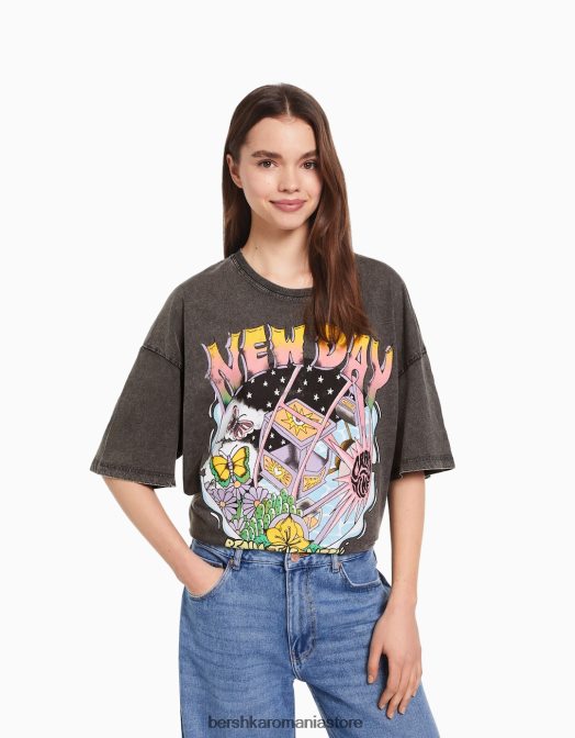 Bershka femei tricou imprimat cu maneca scurta cu efect decolorat negru Z86D466 îmbrăcăminte