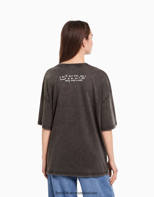 Bershka femei tricou imprimat cu maneca scurta cu efect decolorat negru Z86D466 îmbrăcăminte