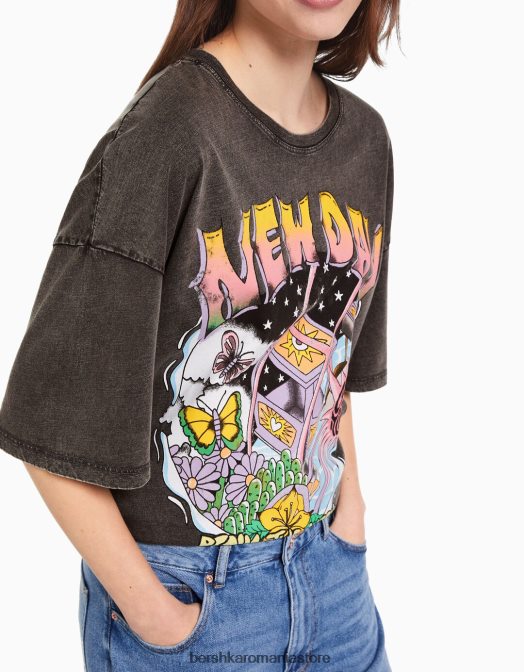 Bershka femei tricou imprimat cu maneca scurta cu efect decolorat negru Z86D466 îmbrăcăminte