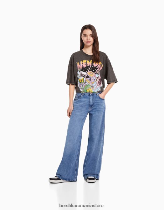 Bershka femei tricou imprimat cu maneca scurta cu efect decolorat negru Z86D466 îmbrăcăminte