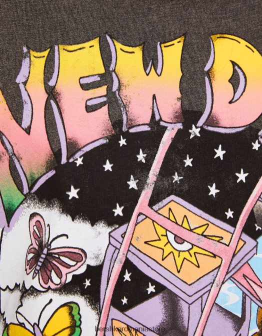 Bershka femei tricou imprimat cu maneca scurta cu efect decolorat negru Z86D466 îmbrăcăminte