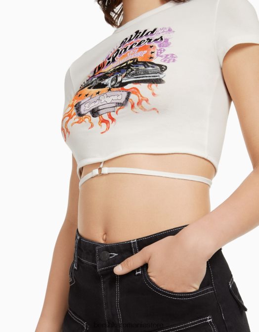 Bershka femei tricou imprimat cu maneca scurta cu inel si cravata alb Z86D603 îmbrăcăminte