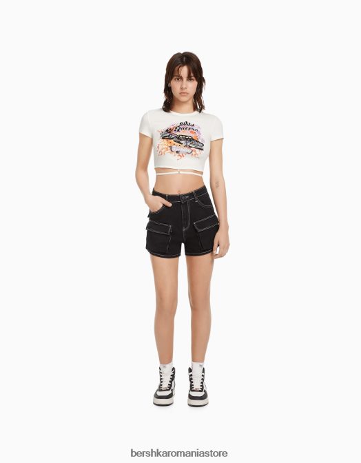 Bershka femei tricou imprimat cu maneca scurta cu inel si cravata alb Z86D603 îmbrăcăminte