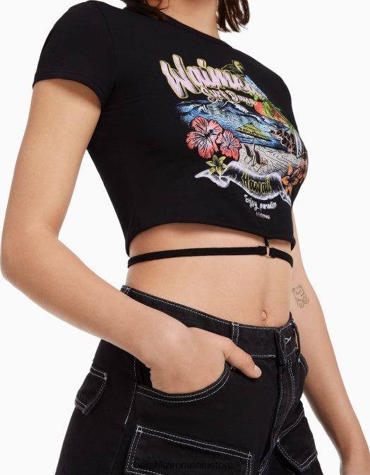 Bershka femei tricou imprimat cu maneca scurta cu inel si cravata negru Z86D605 îmbrăcăminte