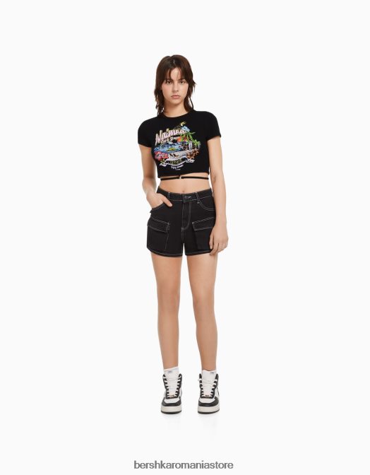 Bershka femei tricou imprimat cu maneca scurta cu inel si cravata negru Z86D605 îmbrăcăminte