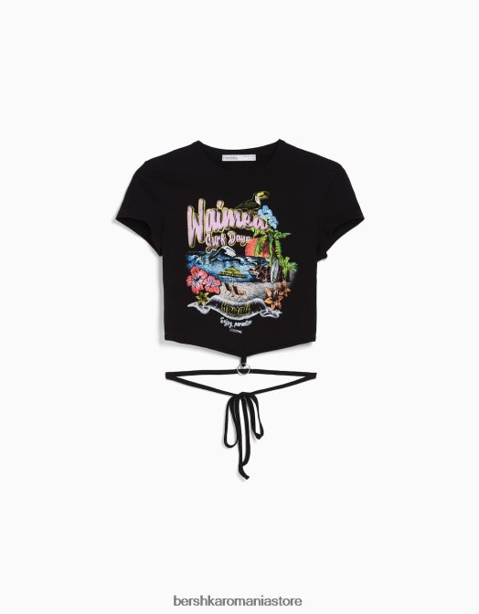 Bershka femei tricou imprimat cu maneca scurta cu inel si cravata negru Z86D605 îmbrăcăminte