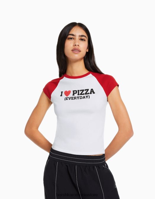 Bershka femei tricou imprimat cu maneci scurte raglan alb Z86D386 îmbrăcăminte