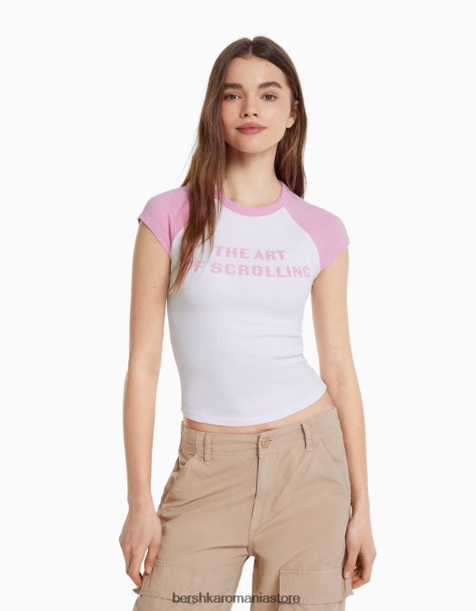 Bershka femei tricou imprimat cu maneci scurte raglan alb Z86D387 îmbrăcăminte
