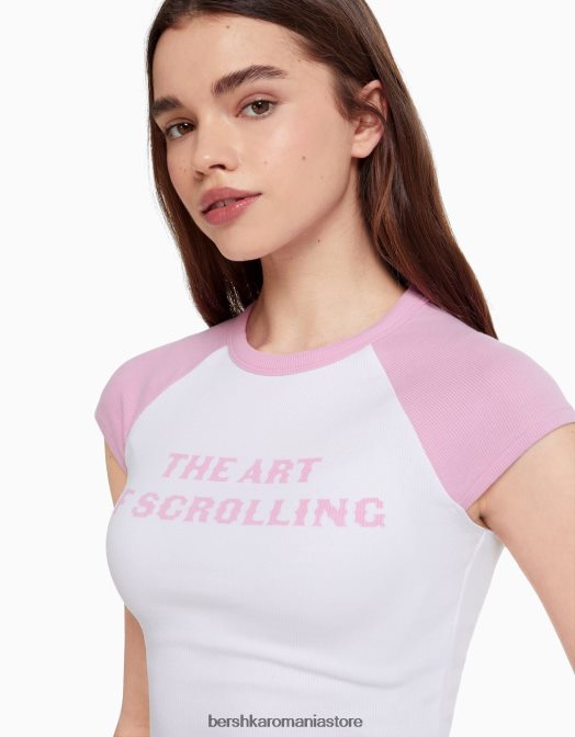 Bershka femei tricou imprimat cu maneci scurte raglan alb Z86D387 îmbrăcăminte