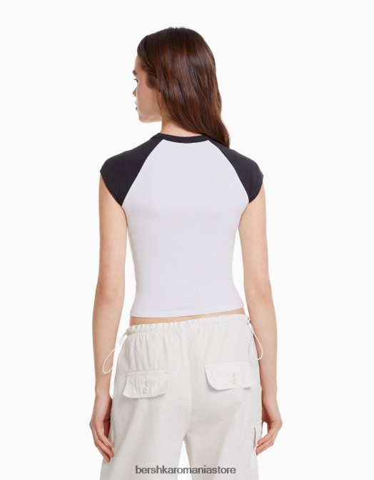 Bershka femei tricou imprimat cu maneci scurte raglan alb negru Z86D388 îmbrăcăminte