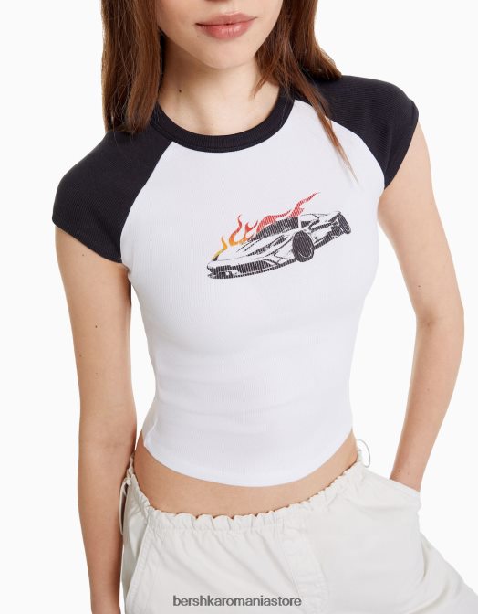 Bershka femei tricou imprimat cu maneci scurte raglan alb negru Z86D388 îmbrăcăminte