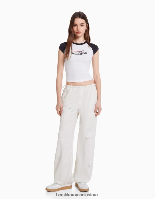 Bershka femei tricou imprimat cu maneci scurte raglan alb negru Z86D388 îmbrăcăminte