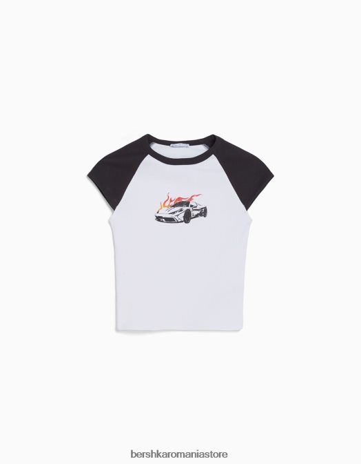 Bershka femei tricou imprimat cu maneci scurte raglan alb negru Z86D388 îmbrăcăminte