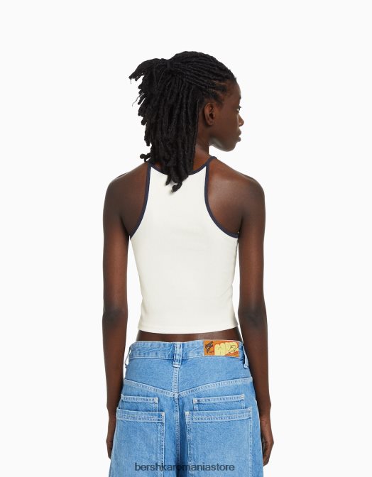Bershka femei tricou imprimat cu nervuri cu bretele aproape alb Z86D888 îmbrăcăminte