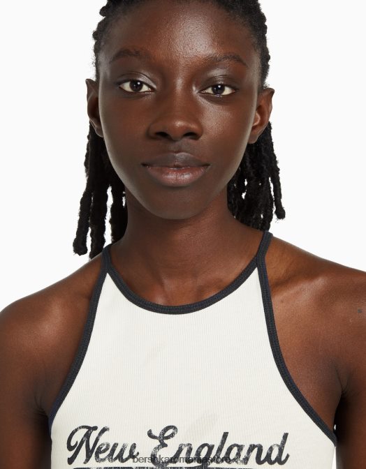 Bershka femei tricou imprimat cu nervuri cu bretele aproape alb Z86D888 îmbrăcăminte