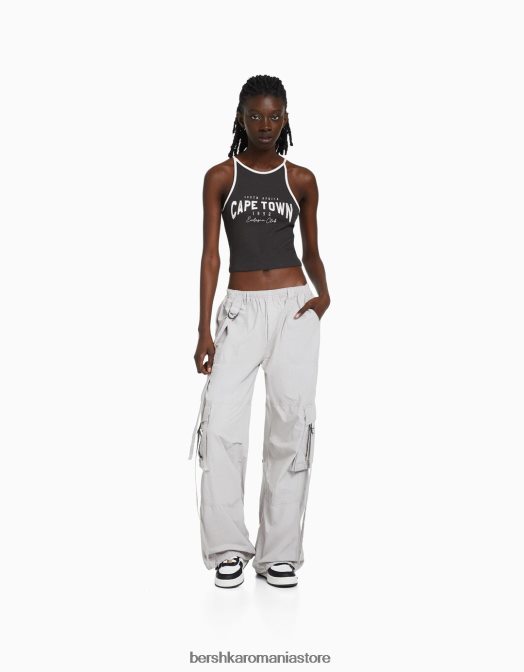 Bershka femei tricou imprimat cu nervuri cu bretele gri inchis Z86D887 îmbrăcăminte