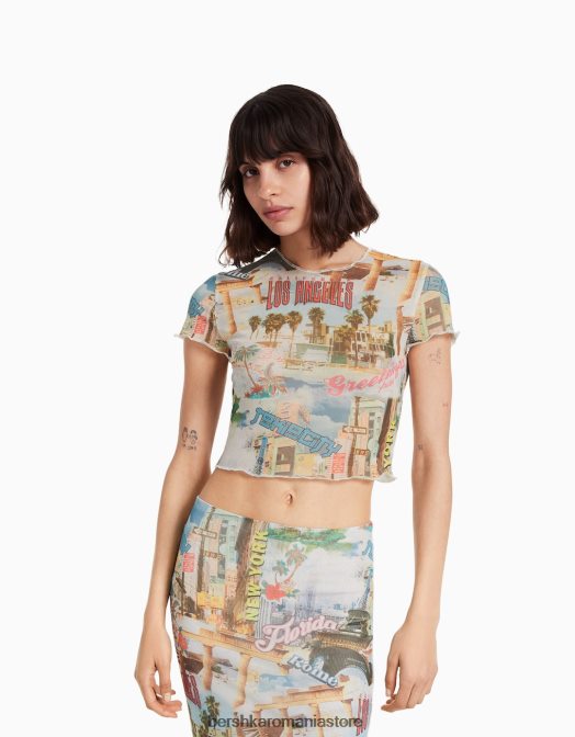 Bershka femei tricou imprimat plasă cu mânecă scurtă cremă Z86D364 îmbrăcăminte