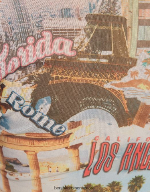 Bershka femei tricou imprimat plasă cu mânecă scurtă cremă Z86D364 îmbrăcăminte