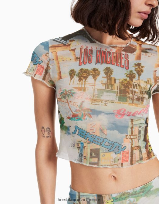 Bershka femei tricou imprimat plasă cu mânecă scurtă cremă Z86D366 îmbrăcăminte