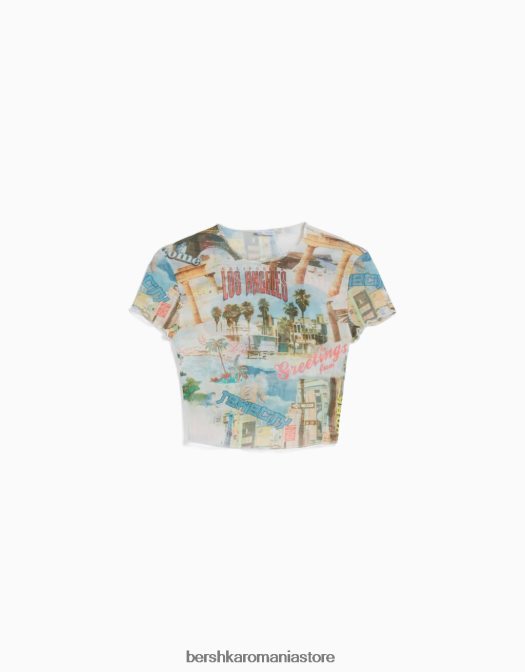Bershka femei tricou imprimat plasă cu mânecă scurtă cremă Z86D366 îmbrăcăminte