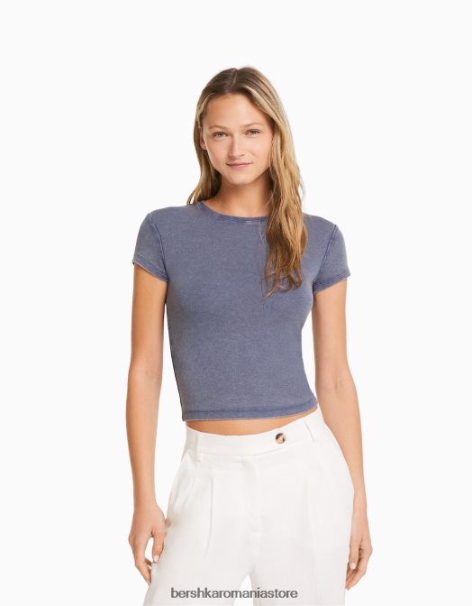 Bershka femei tricou mulat cu maneca scurta albastru inchis Z86D480 îmbrăcăminte