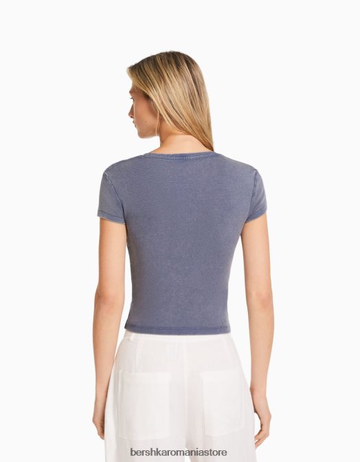 Bershka femei tricou mulat cu maneca scurta albastru inchis Z86D480 îmbrăcăminte