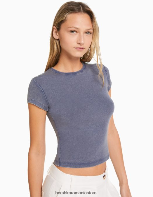 Bershka femei tricou mulat cu maneca scurta albastru inchis Z86D480 îmbrăcăminte