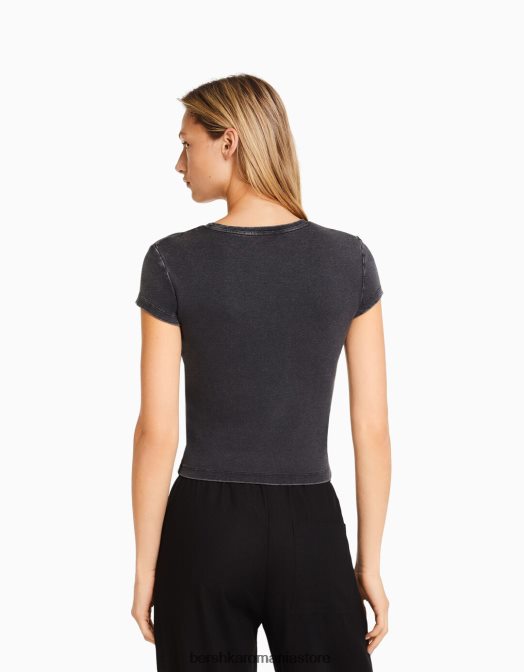 Bershka femei tricou mulat cu maneca scurta gri Z86D478 îmbrăcăminte