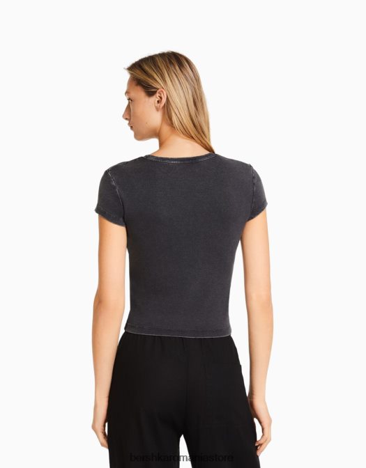 Bershka femei tricou mulat cu maneca scurta gri Z86D481 îmbrăcăminte