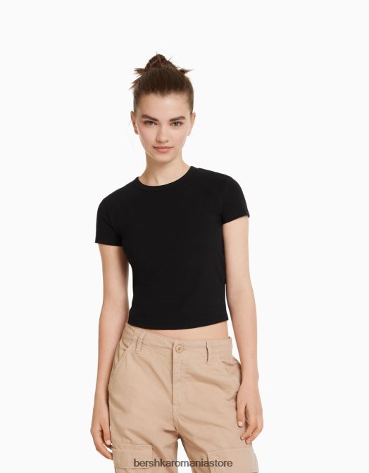 Bershka femei tricou mulat cu maneca scurta negru Z86D619 îmbrăcăminte