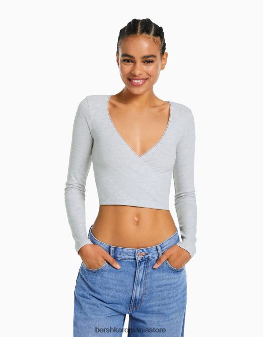 Bershka femei tricou încrucișat cu mânecă lungă gri Z86D570 îmbrăcăminte
