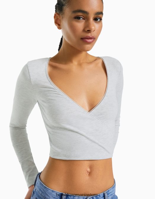 Bershka femei tricou încrucișat cu mânecă lungă gri Z86D570 îmbrăcăminte