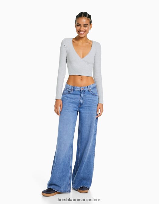 Bershka femei tricou încrucișat cu mânecă lungă gri Z86D570 îmbrăcăminte