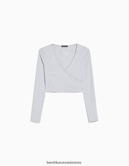 Bershka femei tricou încrucișat cu mânecă lungă gri Z86D570 îmbrăcăminte