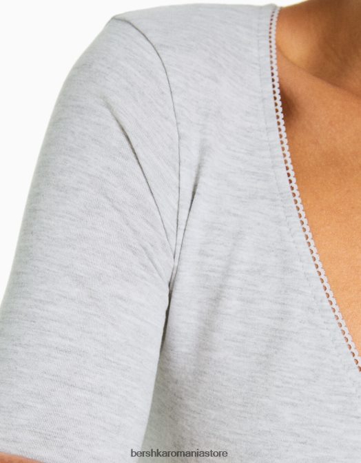 Bershka femei tricou încrucișat cu mânecă lungă gri Z86D570 îmbrăcăminte