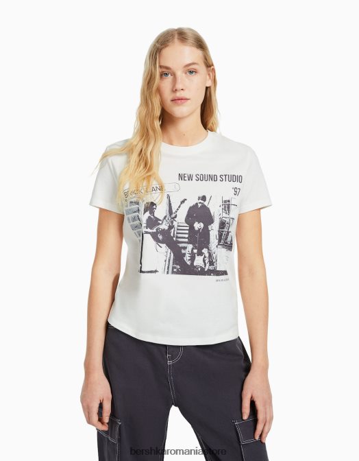Bershka femei tricou obișnuit cu imprimeu grafic aproape alb Z86D503 îmbrăcăminte